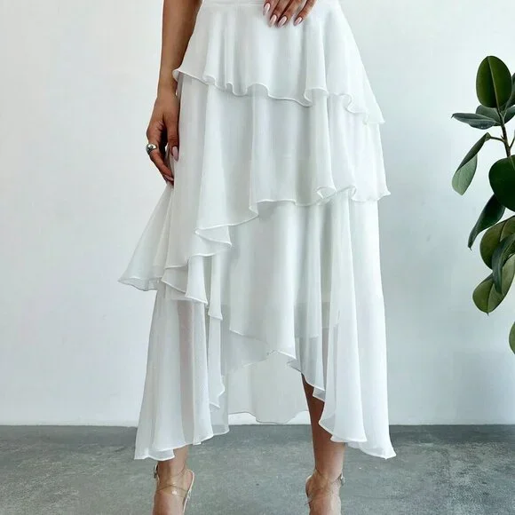 Beige Elegant Women's Multi-Layered Ruffle Trim Cake Skirt For - Picture 5 of 6
